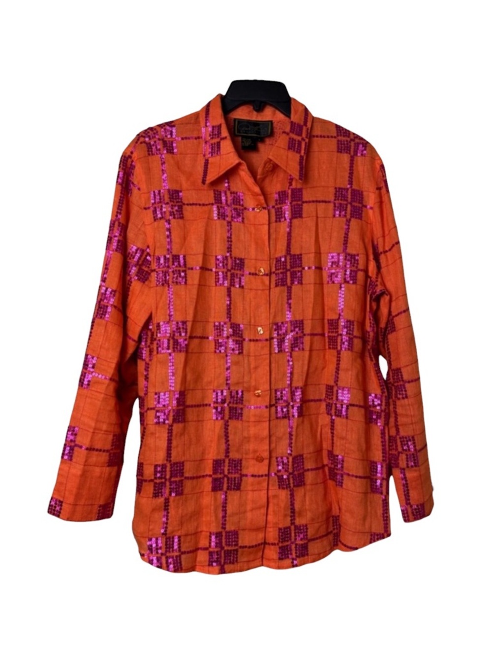 Diane Gilman Orange Button-Down Shirt with Pink Sequin Grid